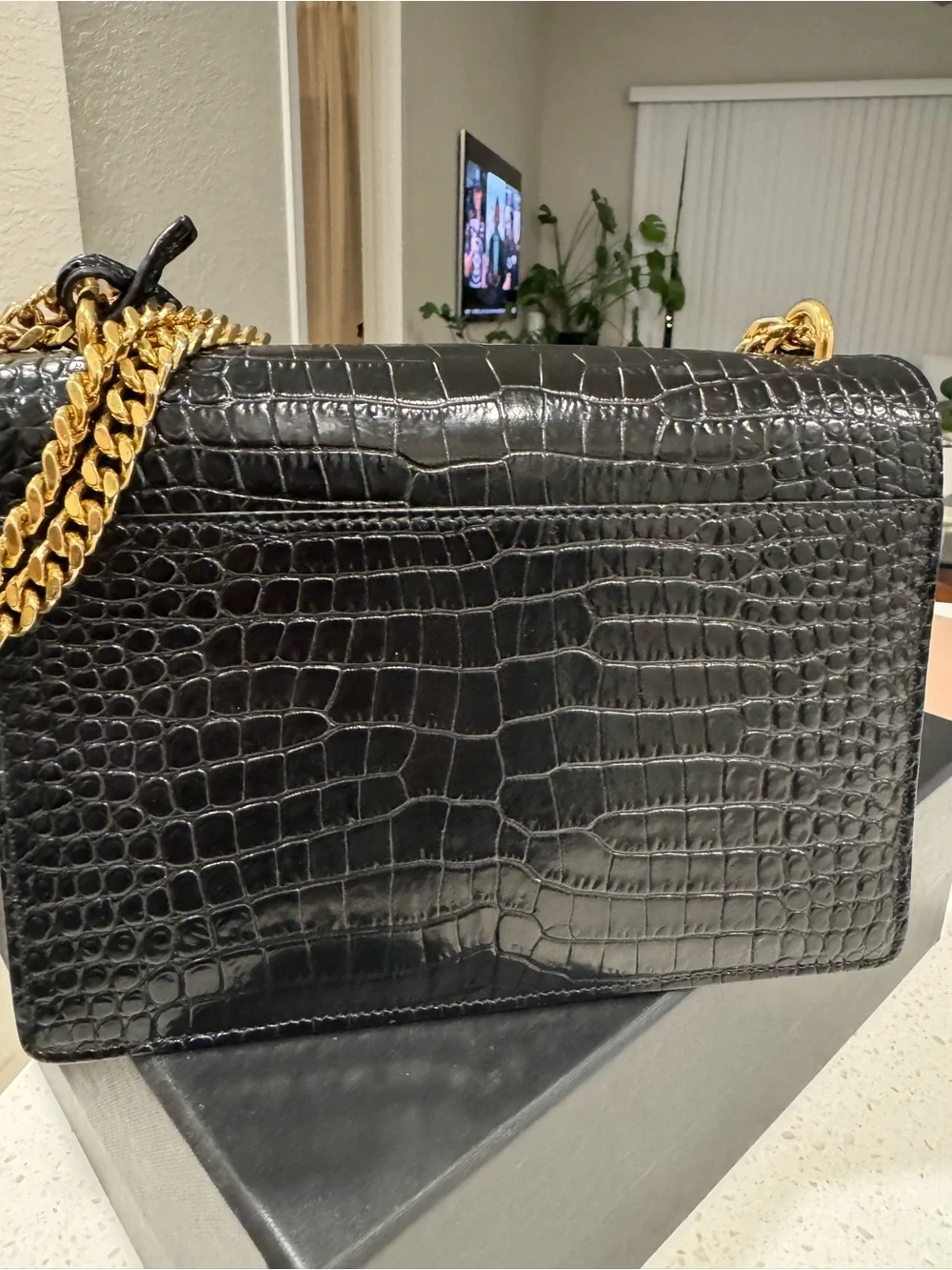 Saint Laurent Sunset Black Croc-Embossed Suede-Trim Shoulder Bag